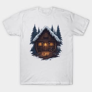 Wooden cottage in the winter forest. T-Shirt